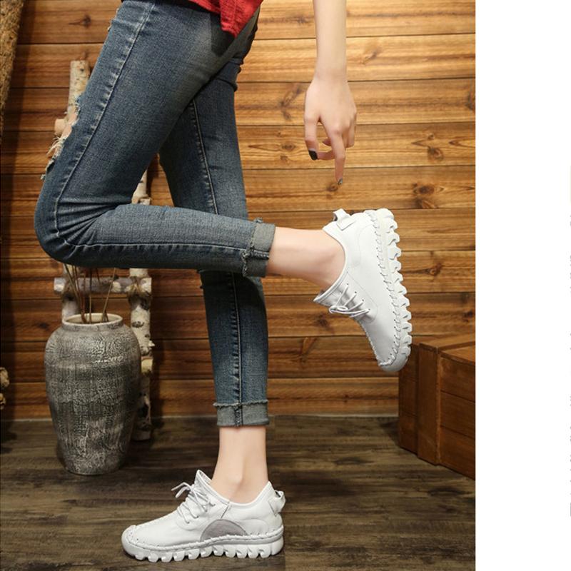 Fashion Handmade Genuine Leather Women Shoes Fashion Casual Sneakers Retro Flats Ladies Lacing Loafers Breathable Vulcanized Shoes