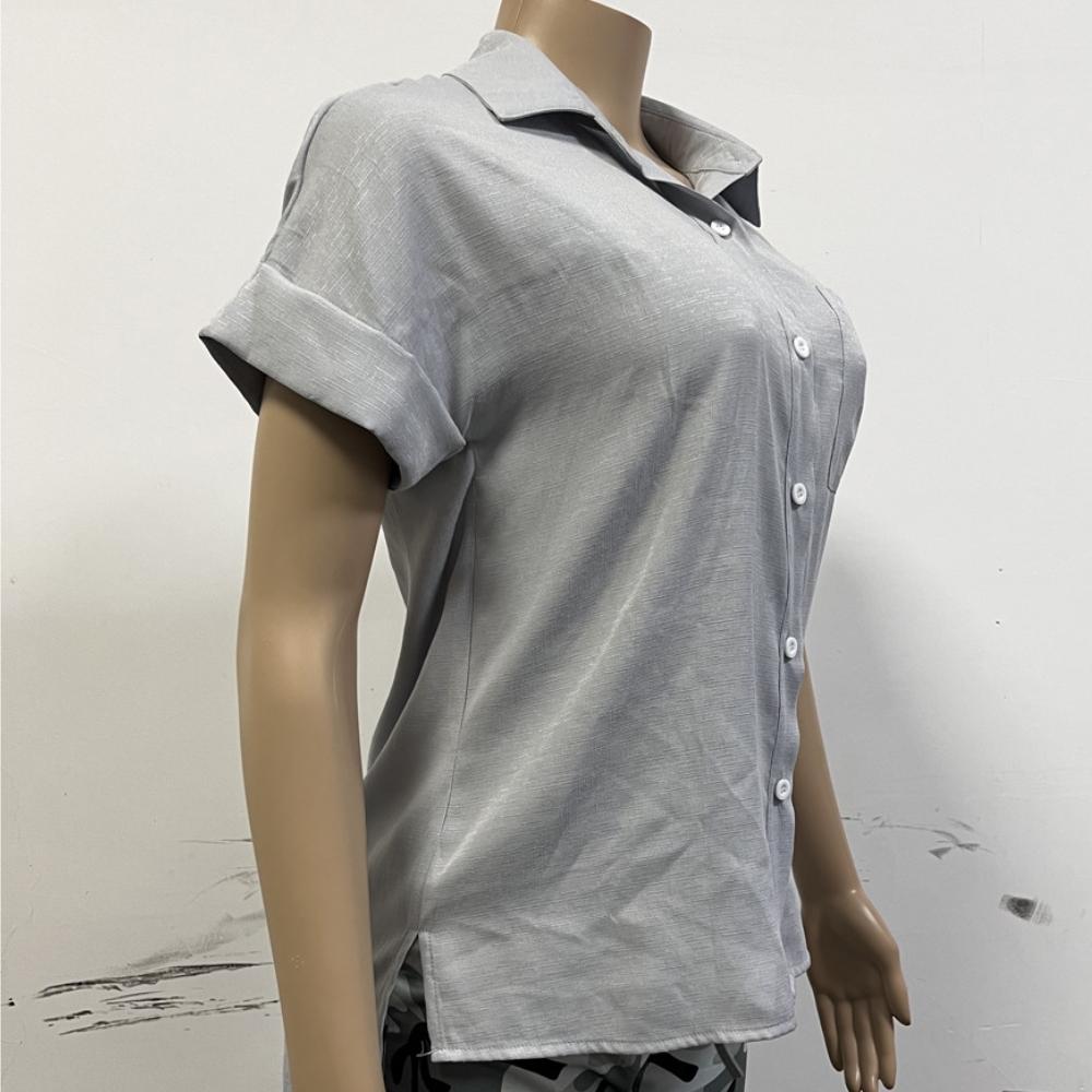 IHUASU Spring/summer Top Cotton/linen Pocket Button Short Sleeve Shirt T-shirt for Women