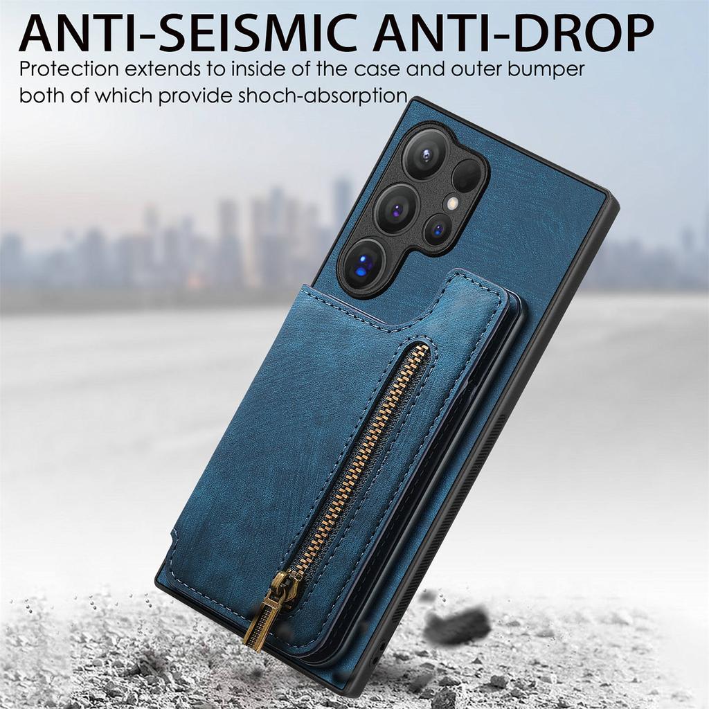 D15 For Samsung Galaxy S24 Ultra Case Card Slot Leather+TPU Zipper Kickstand Retro Phone Cover