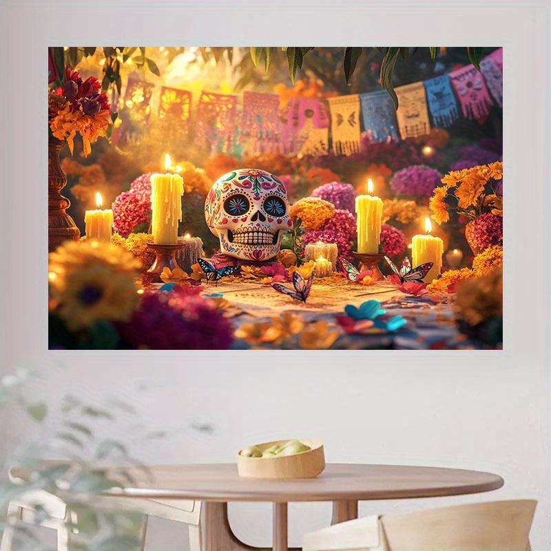 1 Piece of 2D Background Cloth "Colorful Day of the Dead Theme Background Cloth, Sugar Skull and Flower Candlelight.