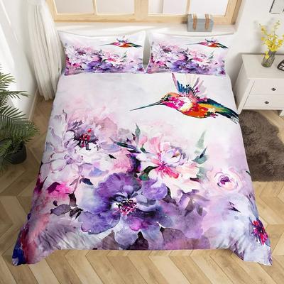 Hummingbird Print Duvet Set Three-Piece Bird Flower Bedding Set Quilt Cover Full Size
