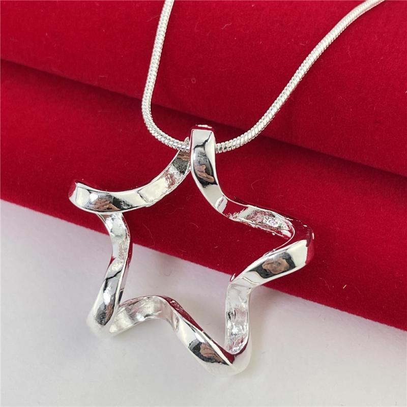 Women's Star Pendant Necklace 925 Silver Plated Wave Texture Snake Chain Jewelry Gift for Birthday Wedding Christmas Party