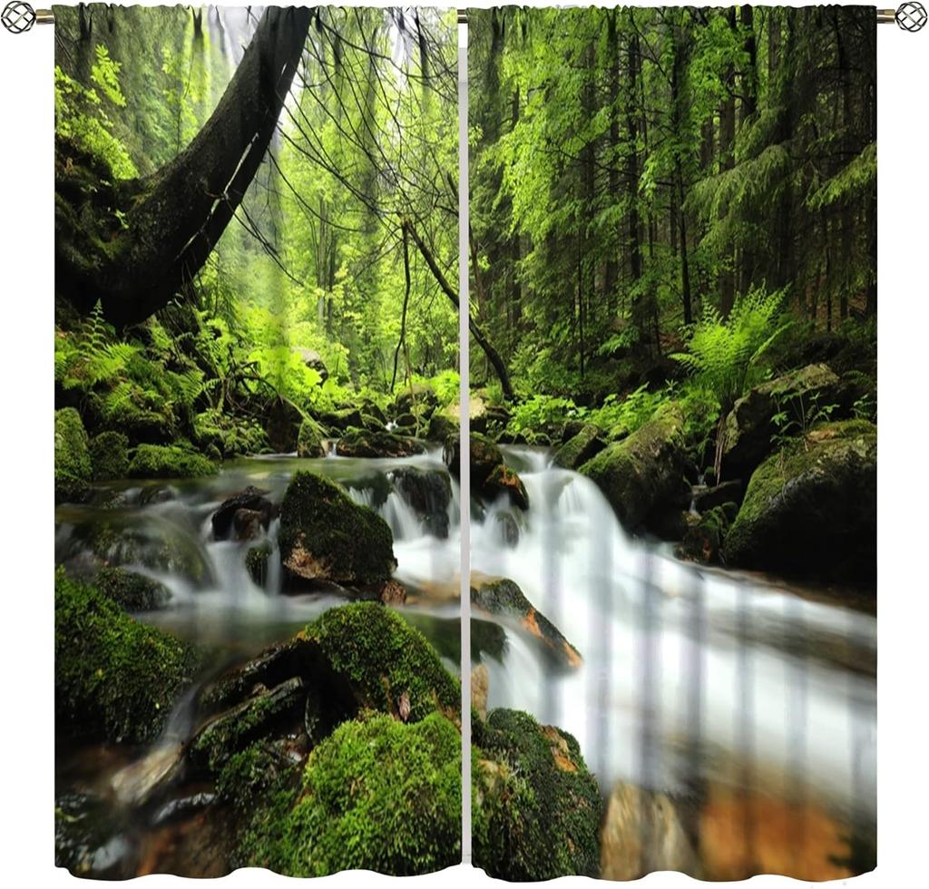 Waterfall Curtains Spring Nature Theme Landscape Pattern Forest Thermal Bedroom Living Room Panel Set Blackout Made Of Polyester Area Decor