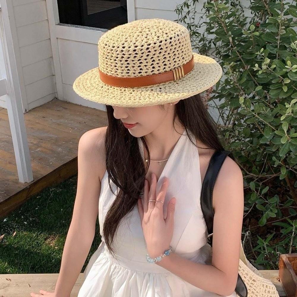Breathable Mesh Straw Boater Hat Sun Protection Flat Top Beach Hat  Chic Travelers