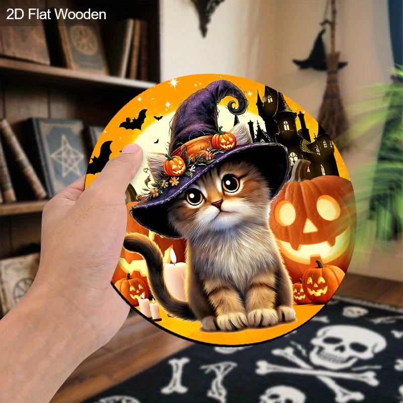 Halloween Wooden Sign with Adorable Cat Pattern - Charming Figurine Ornaments - Ideal for Front Door, Wall, Room Decor