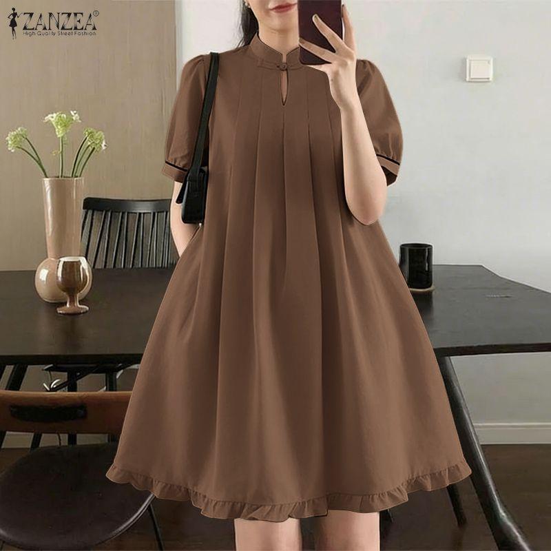 ZANZEA Women Casual Stand Collar Loose A-Line Short Sleeve Dress