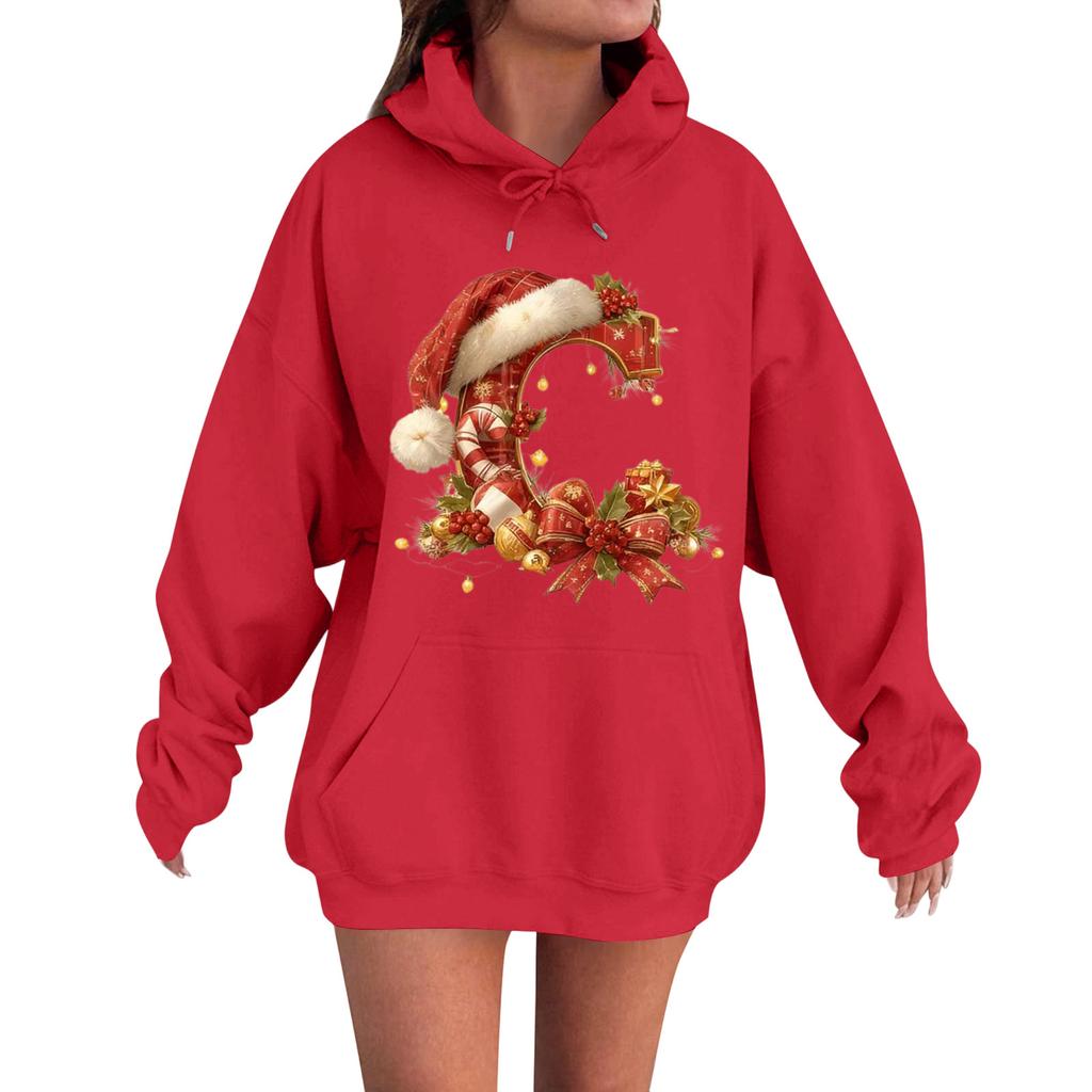 Women's Casual Comfortable Long-Sleeved Christmas Letter-Printed Warm Hooded Crew-Neck Sweatshirt