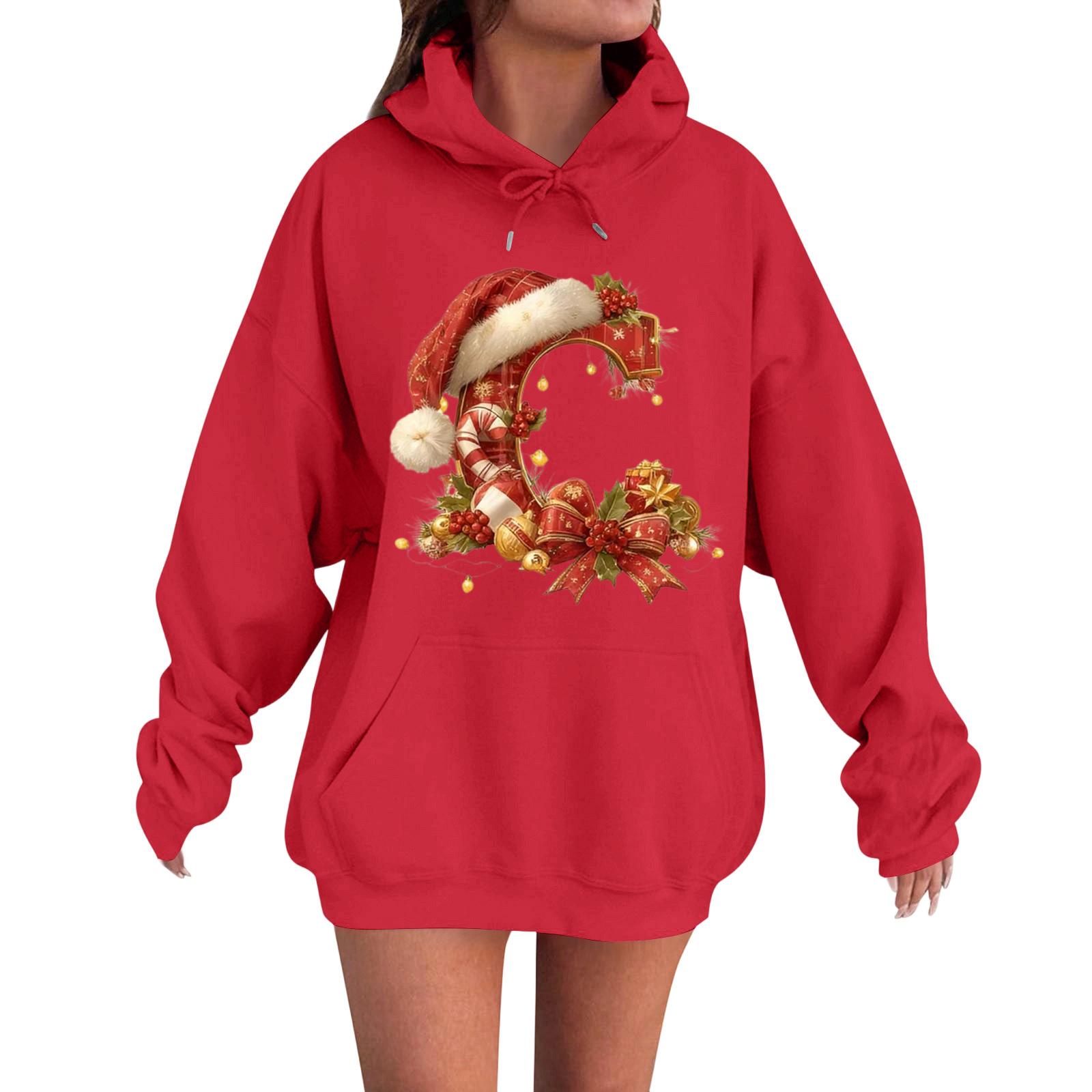 

Women s Casual Comfortable Long-Sleeved Christmas Letter-Printed Warm Hooded Crew-Neck Sweatshirt XXL червоний