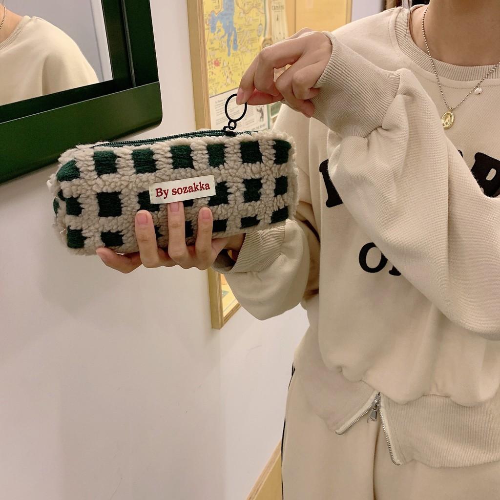 Grid Plush Simple Design Large Capacity Stationery Storage Bag For School