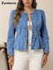 New Women's Ruffled Hem Denim Shirt Jacket with Puff Sleeve Top