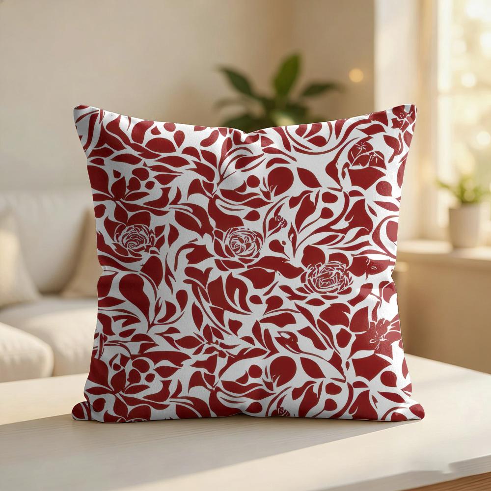 Red Floral Pattern Cushion Cover Silky Short Plush Invisible Zipper Dustproof Sofa Pillow Case For Home Decor