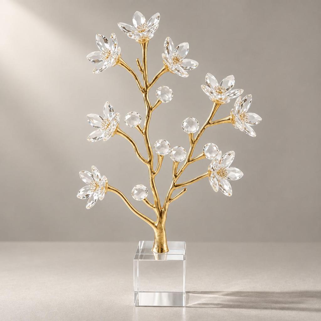 Crystal Blossom Tree Presentable Gold-Tone Metal with Square Base
