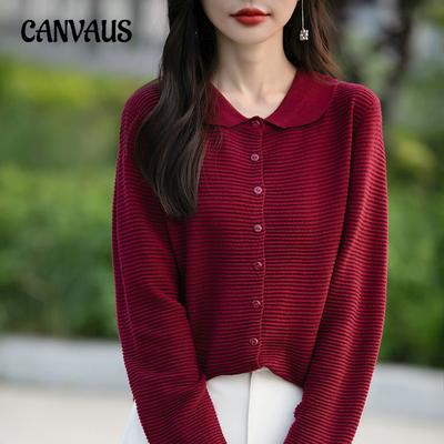 Herbst Damen Strickjacke Puppenkragen Strick Langarm Locker Einfarbig Pullover Oberteil