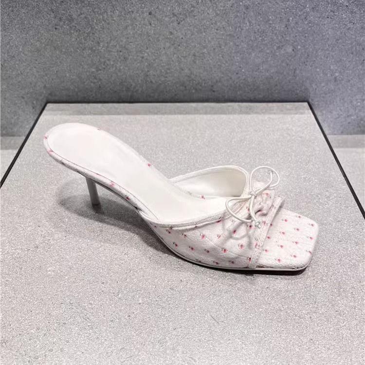 Elegant Slippers Women Solid Leather Solid Color Peep Toe Thin High Heels Ladies Slides Butterfly Knot Outdoor Shoes Plus Size