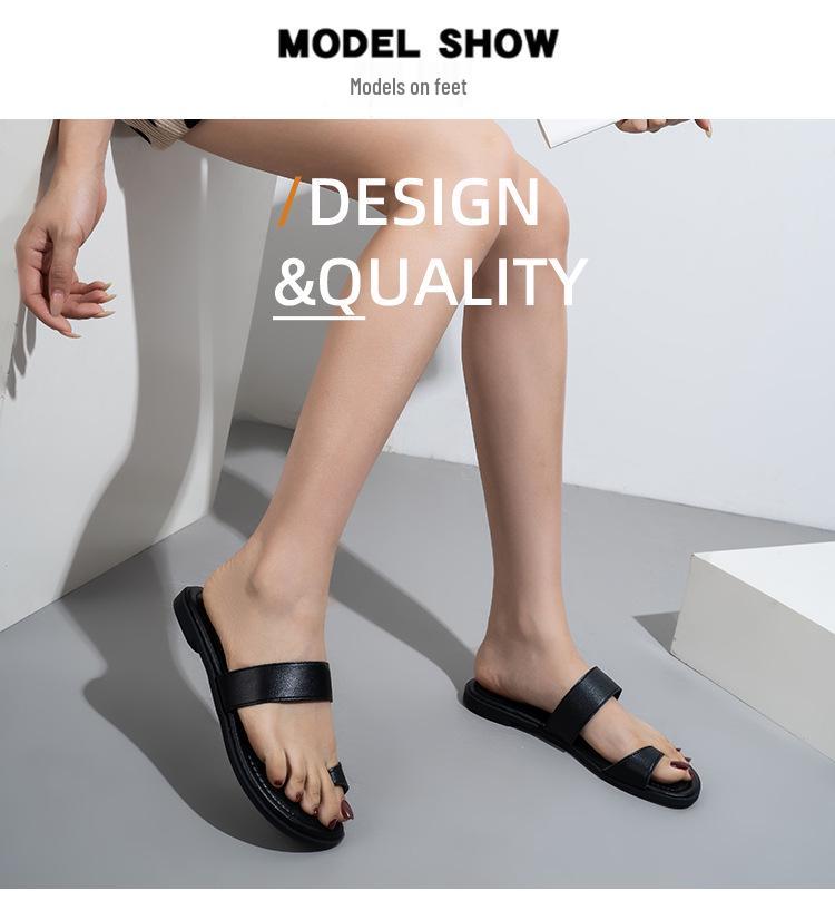 Women's Genuine Leather Large Flat Toe Post Casual Flip Flops - Non-Slip, Fashionable and Simple Design for Beach Wear