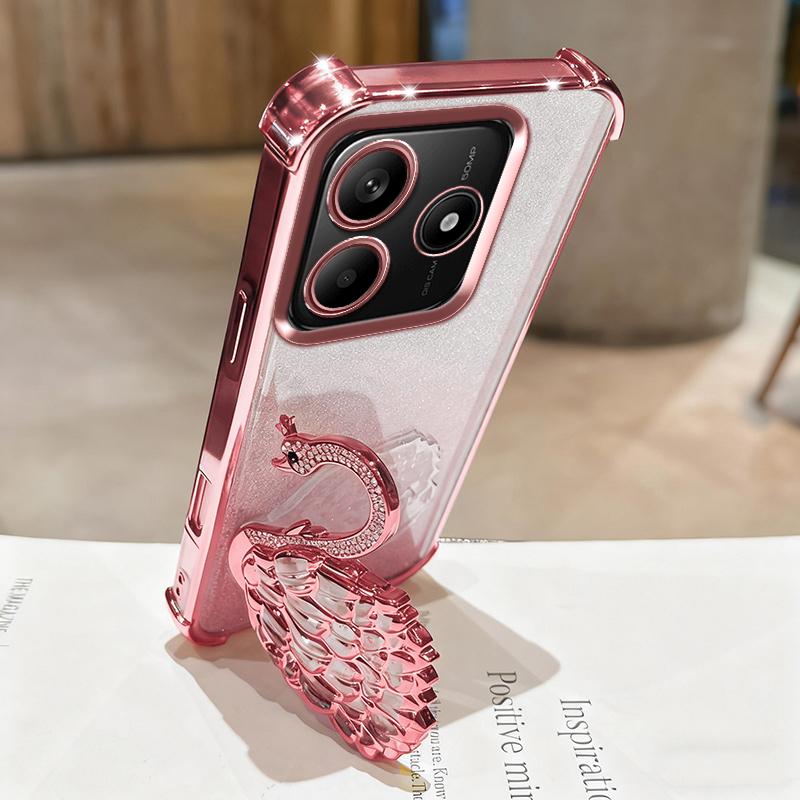 KEYSION Shockproof Plating TPU Phone Case for Remdi Note 14 4G 5G Glitter Jewelled Swan Kickstand Cover for Redmi Note 14