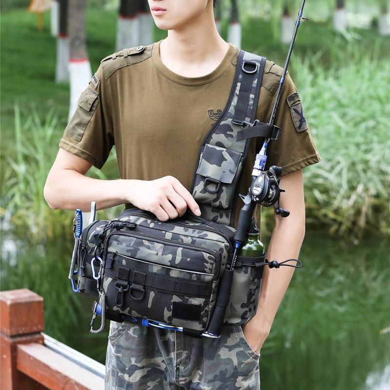 Large Capacity Fishing Tackle Bag Multi Functional Waist Pack Rod Holder Tactical Crossbody Outdoor Sports