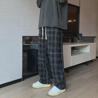 Men's Corduroy Plaid Casual Wide-Leg Pants - Hong Kong Style, Trendy, Loose-Fit, Straight-Leg Trousers