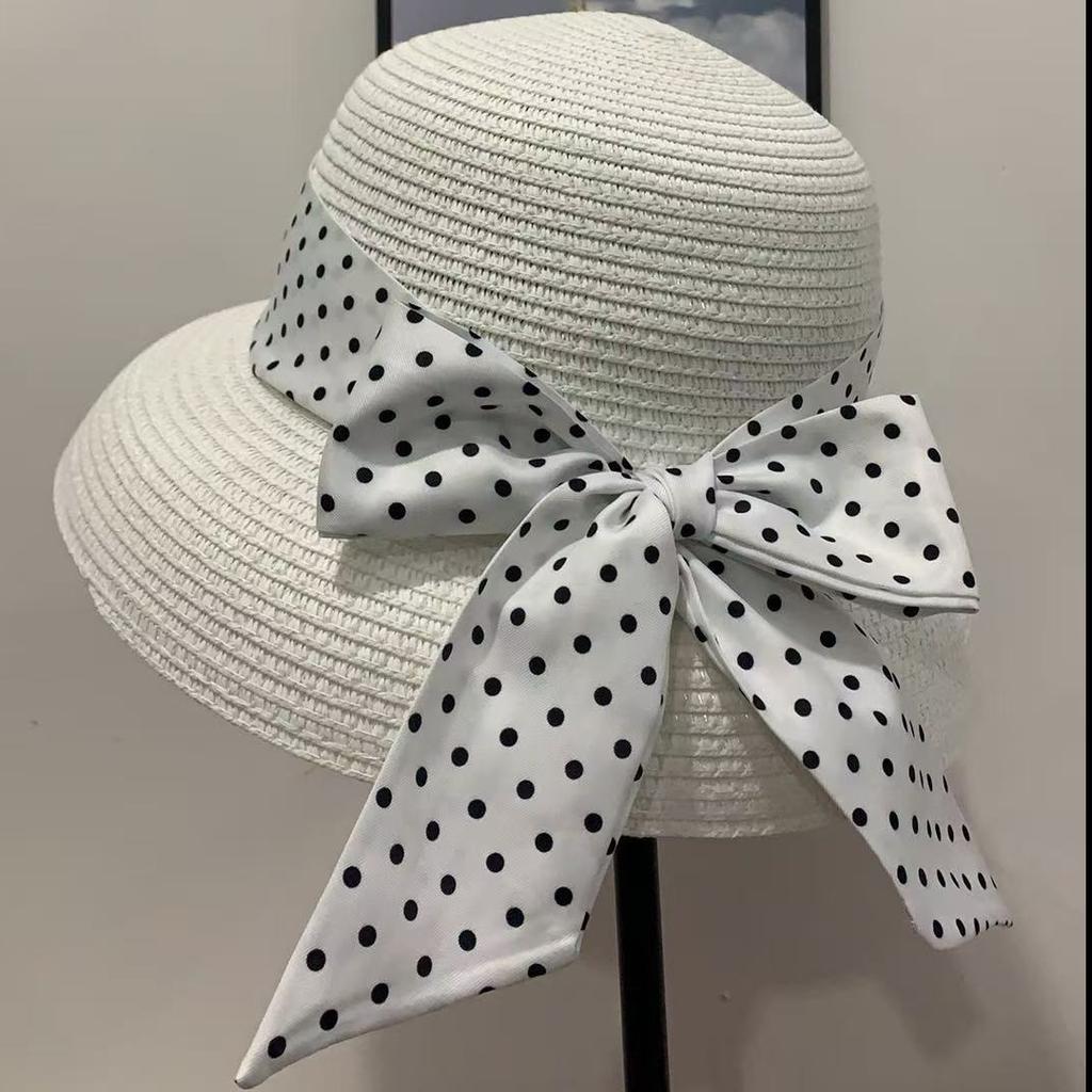 French Polka Dot Face Small Sunshade Straw Hat Women's Spring and Summer Fashion Versatile Sunscreen Bucket Hat Seaside Vacation Self-operated