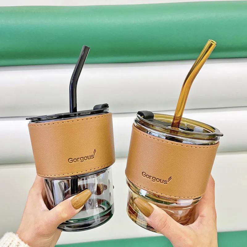 450ml Coffee Glasses Heat Resistant Leather Cover Glass Mug Water Cup Tea Wine Drinkware Glasses Tumbler With Lids Straw