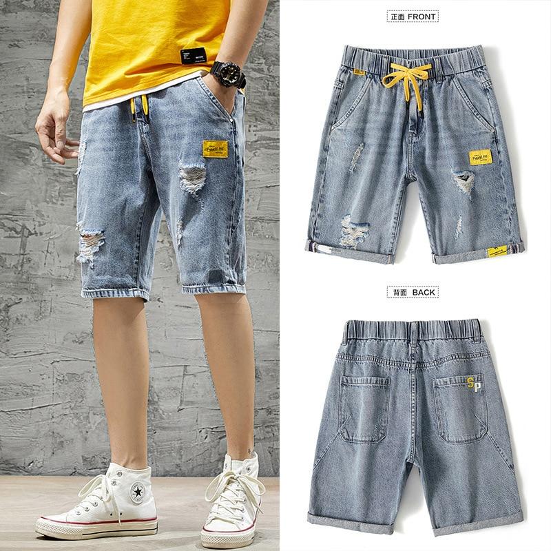 Summer New Beach Casual Men Shorts Straight Ripped Knee Length Denim Shorts Drawstring Loose Hole Male Short Jeans