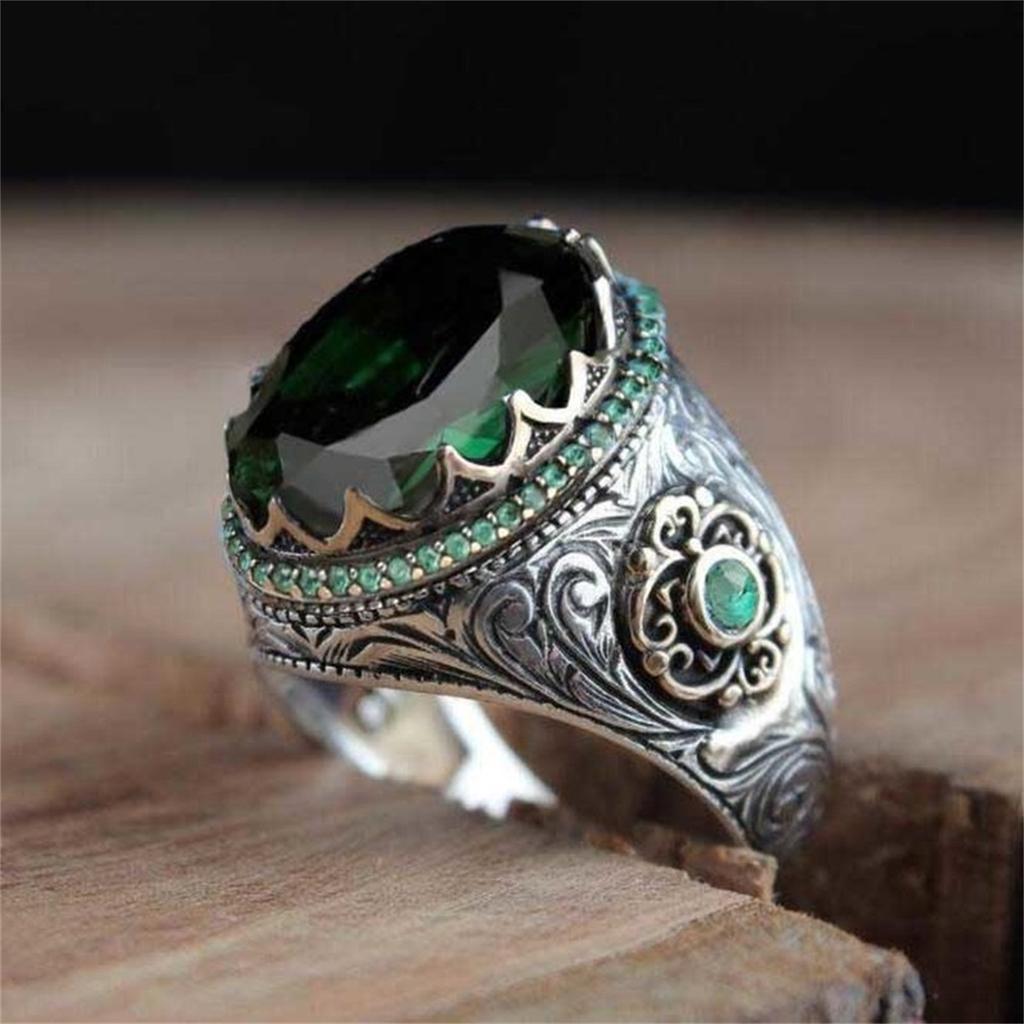 Retro Handgefertigter Türkischer Siegelring Für Männer Frauen Antike Kupferfarbe Geschnitzter Adlerring Grün Zirkon Inlay Punk Motor Biker Ring