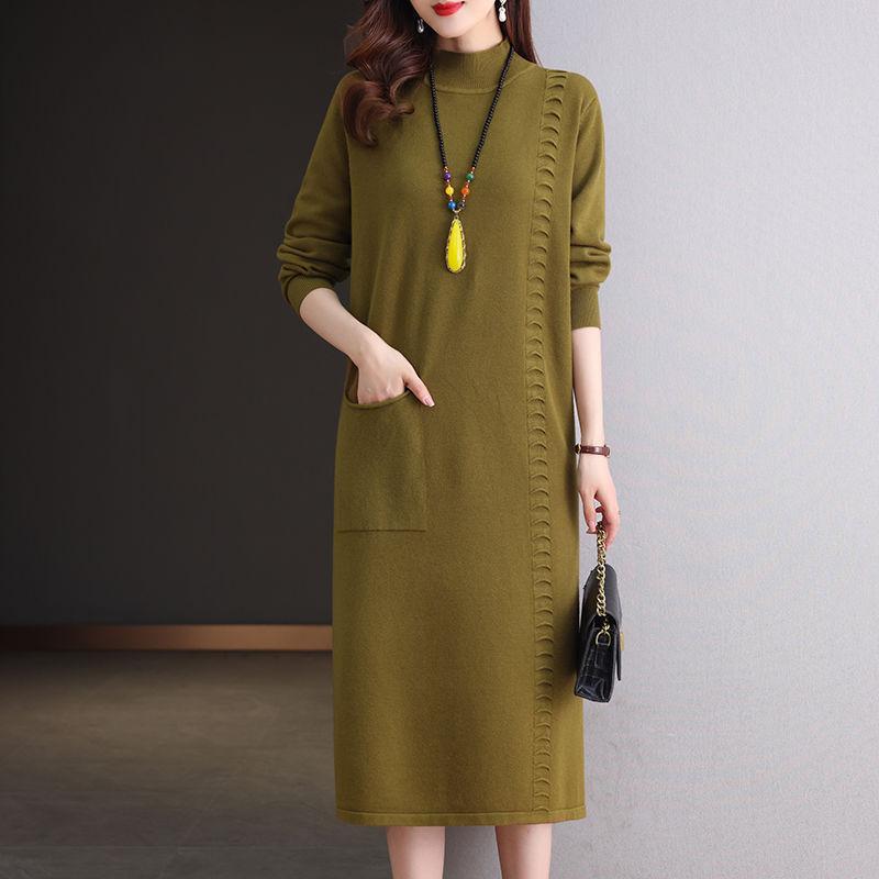 

Вязаное платье с полувысоким воротником, однотонный свободный свитер средней длины для женщин, повседневный пуловер с длинными рукавами для осени и зимы XL дубильная кора