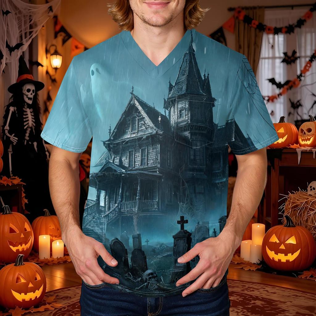 Men's Halloween Print V-Neck Scrub Top with Pockets Comfort Fit for Daily Work