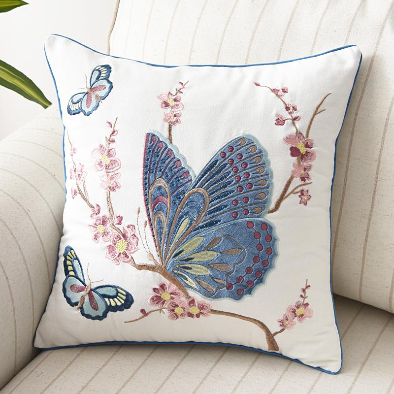 

Butterfly Cushion Cover 45x45cm Floral Country Style Pillow Cover Cotton Embroidery Suqare Home decoration for Living Room 45 by 45cm