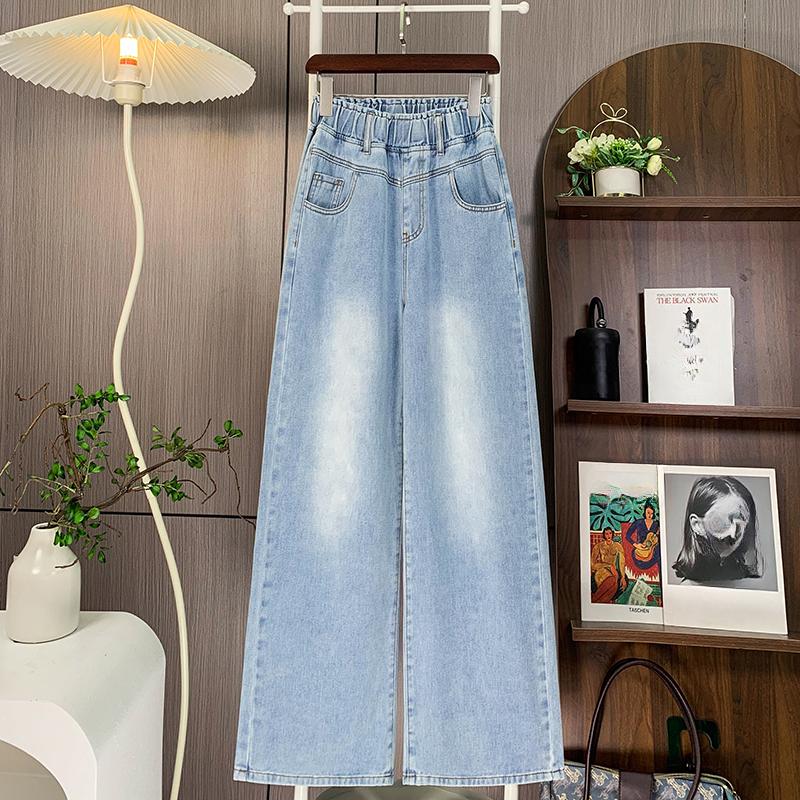 DIMANAF 2025 Plus Size Autumn Blue Basic Elastic Jeans Wide-leg Pants Women Loose Denim Trousers Big Casual Pants 6XL