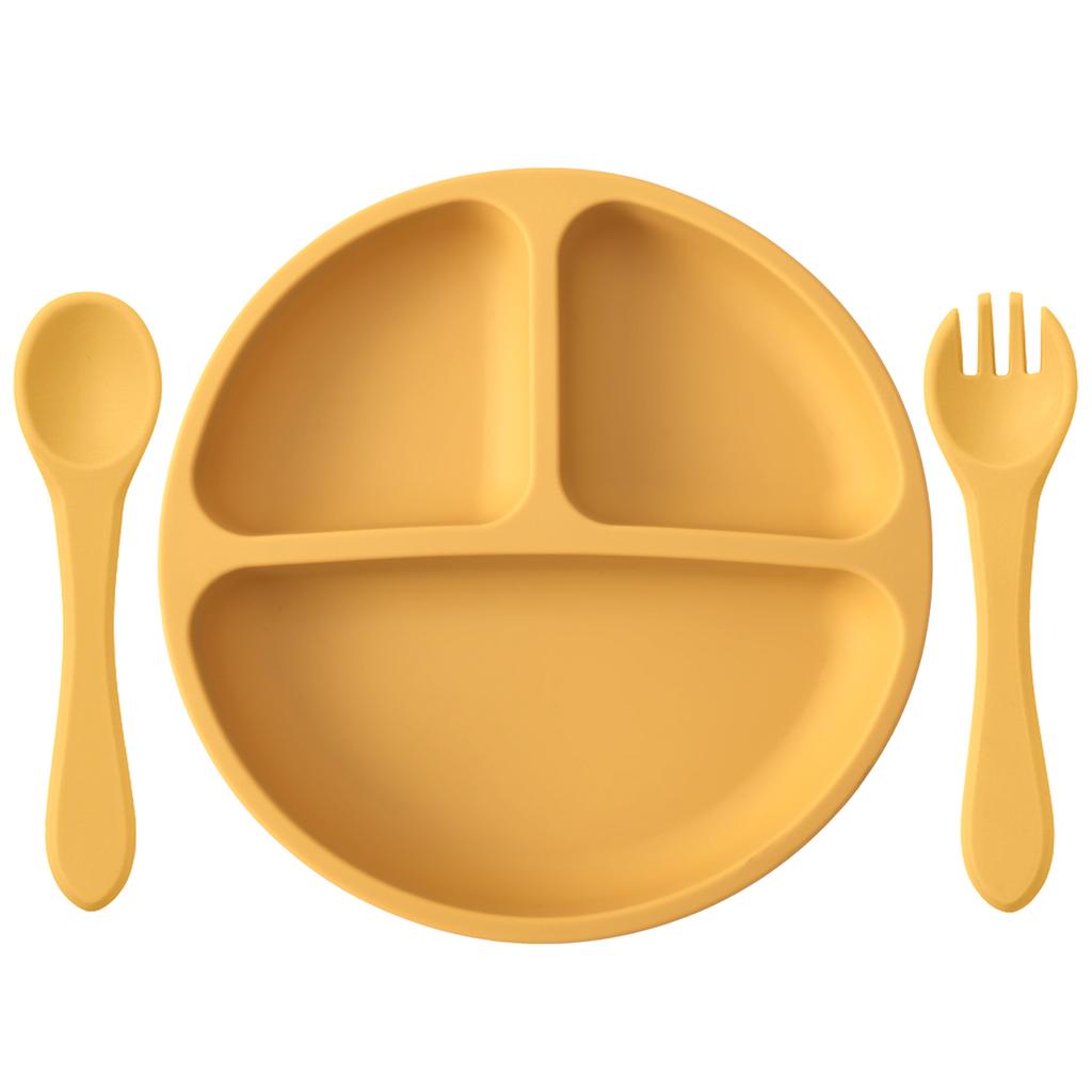 Color Kids 3PCS Silicone Baby Feeding Set Suction Plate Wooden Spoon Fork BPA Free Training Tableware Dish Bowl Gift Set
