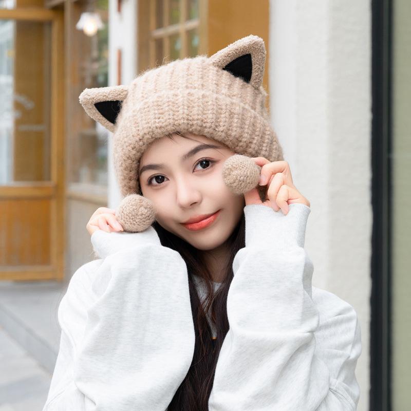 Cat Ears Knitted Hat Women'S Autumn And Winter Warm Cute Ear Protection Wool Hat Big Head Circumference Show Face Small Velvet Cold Hat