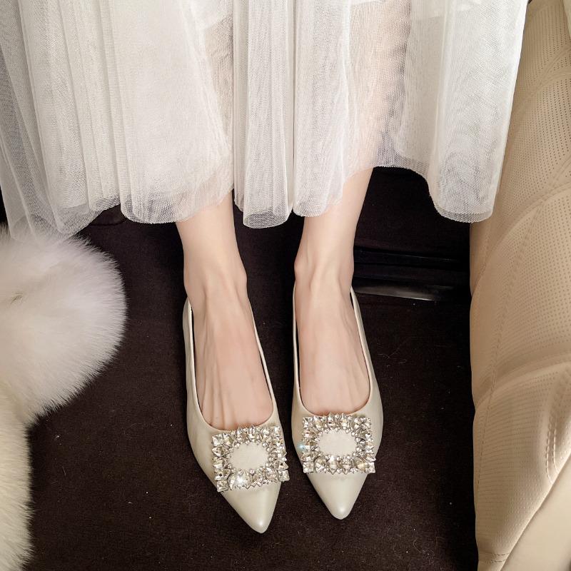 Silver High-heel Single Shoe - Women's 2025 New Style Pointed-toe Rhinestone Square Buckle Slip-on Business Casual Women's Shoes