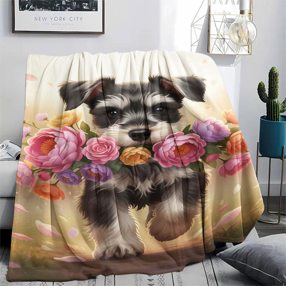 1Pc DogsandFlowers Print Flannel Blanket, High quality Comfortable for All Seasons, Home Decor, Warmth and Comfort, Perfect for Christmas Gifts