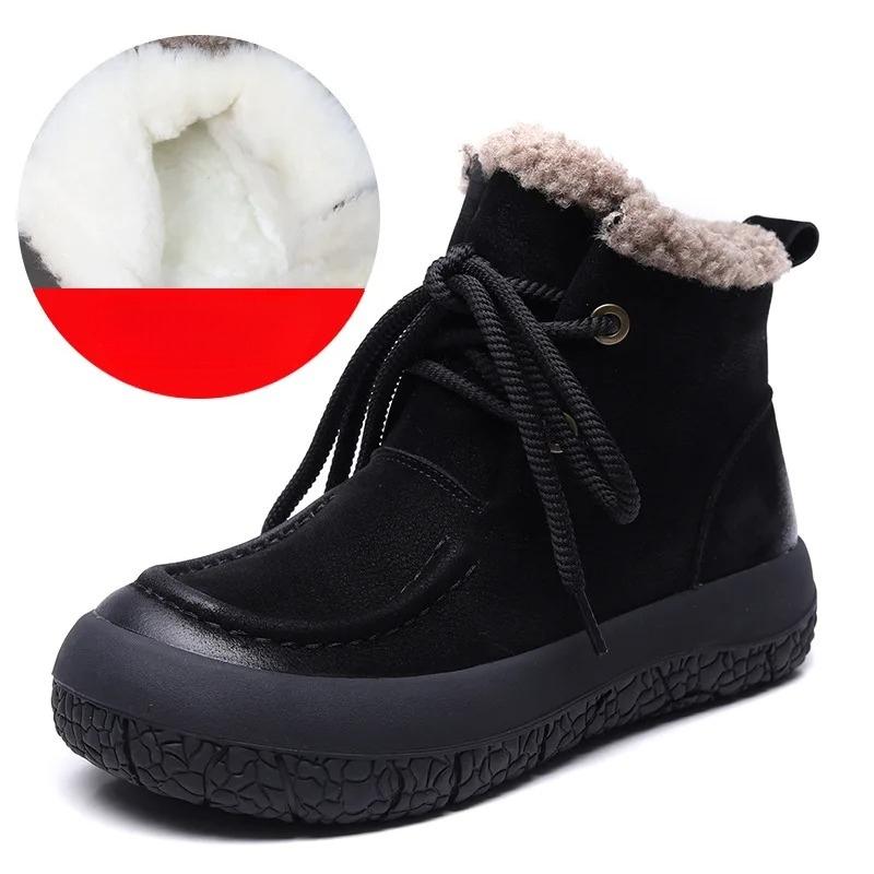 Johnature Botas Curtas de Lã em Couro Genuíno Casuais Quentes e Peludas com Solado Macio Botas de Algodão Femininas