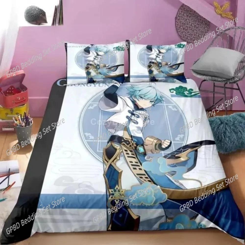 Genshin Impact Bedding Set Cartoon Anime Duvet Cover Single Double Size Boys Luxury 3D Bed Linen Decor Home