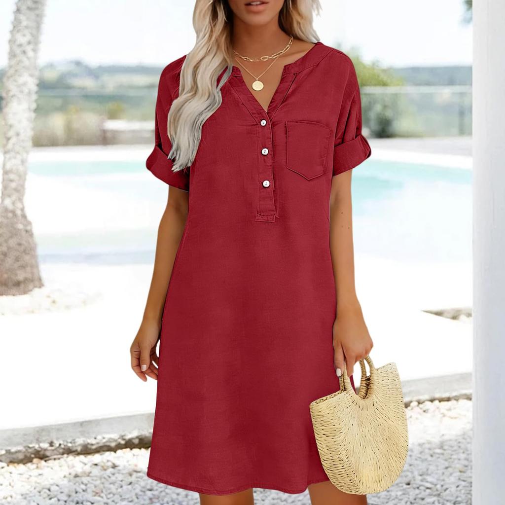 Lockeres V-Ausschnitt Kurzarm Hemdblusenkleid mit Knopfleiste und Taschen-Design Lässiges Sommerkleid für Damen Leinenmischgewebe
