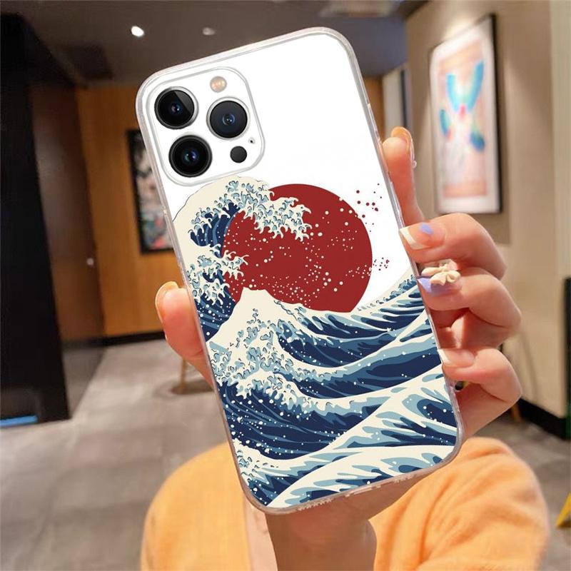 Phone Case For iphone 17 Air 17 Pro Max 16 15 14 13 Pro Max 15 16 Pro 15Plus Wave Art Japanese Green Illust
