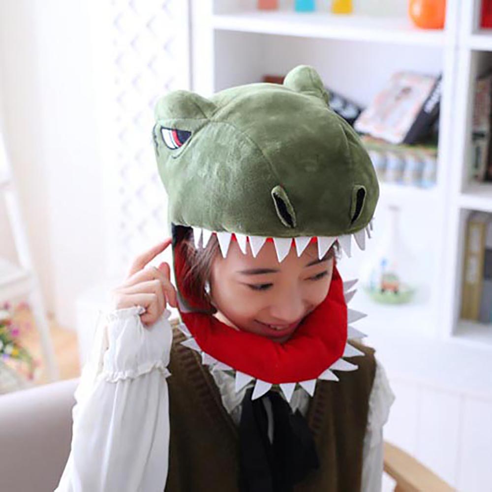 PP Cotton Doll Plush Dinosaur Hat Green Plush Shark Hat Headgear Dinosaur  Christmas Gift