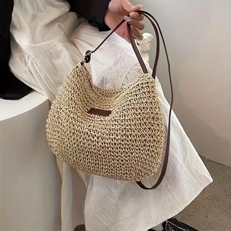 Large capacity shoulder straw bag new casual handwoven bag versatile messenger straw bag vacation beach bag