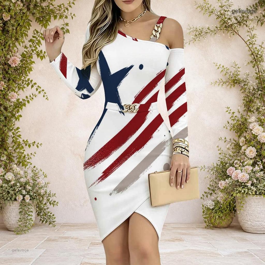 Women Plus Size Cold Shoulder Long Sleeve Printed Chain Strap Asymmetrical Hem Bodycon Dress