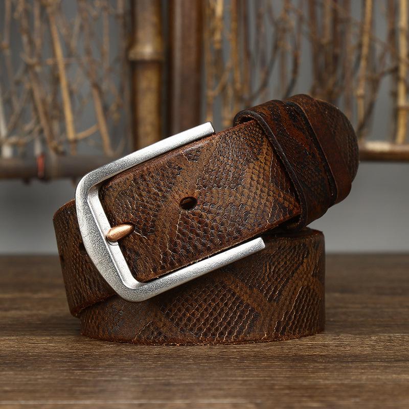 

Ремень мужской, потертый, модный, винтажный, с узором под змею, кожаный, пряжка первого слоя из коровьей кожи, стальная пряжка, повседневный ремень для джинсов 130cm