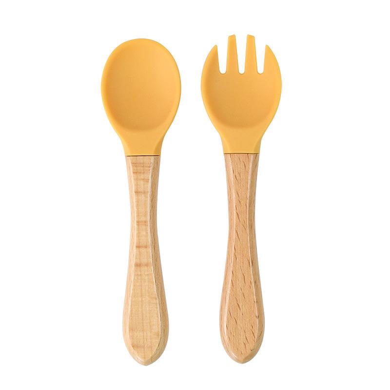 Silicone Wooden Handle Baby Fork & Spoon Set - Food Grade Training Utensils