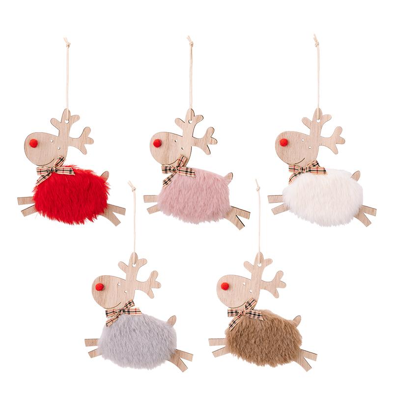 1PC Cute Christmas Tree Decor Xmas New Year Xmas Party Decor Wooden Plush Deer Pendant