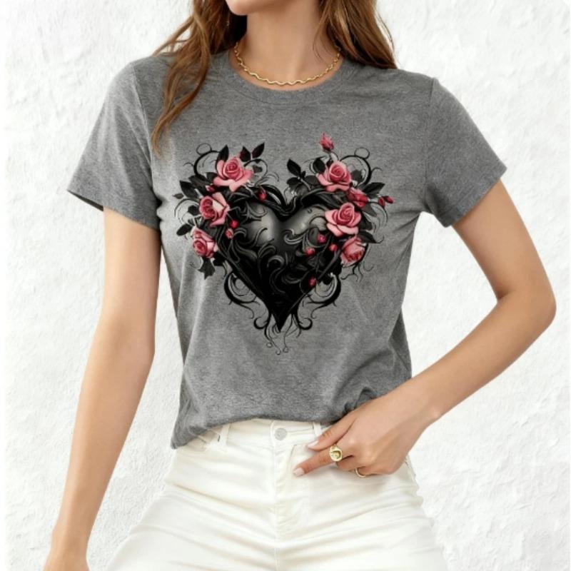 Women's Casual T-Shirt Gothic Heart Rose Unique Floral Heart Pattern T-Shirt for Women