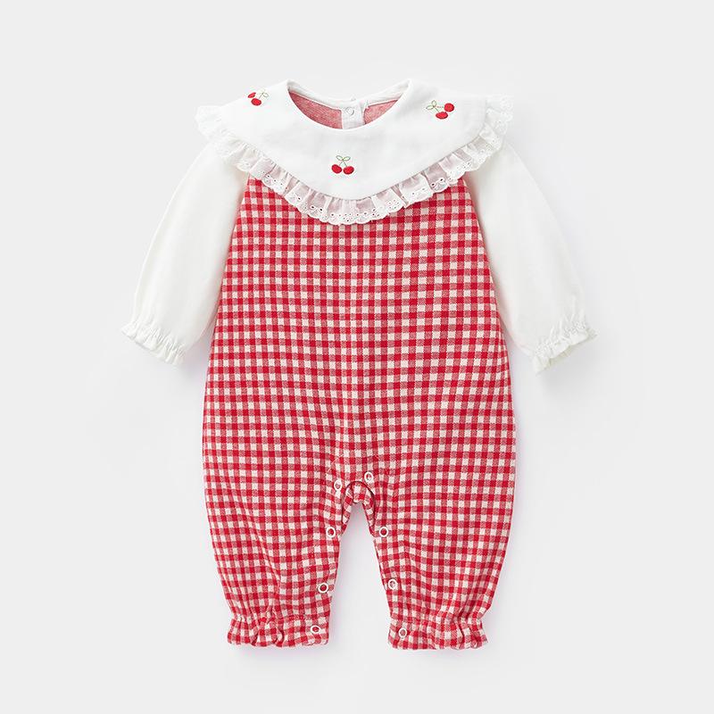 

2025 Spring Baby Girl Plaid Romper - Long Sleeve Jumpsuit for Newborns 80 красный