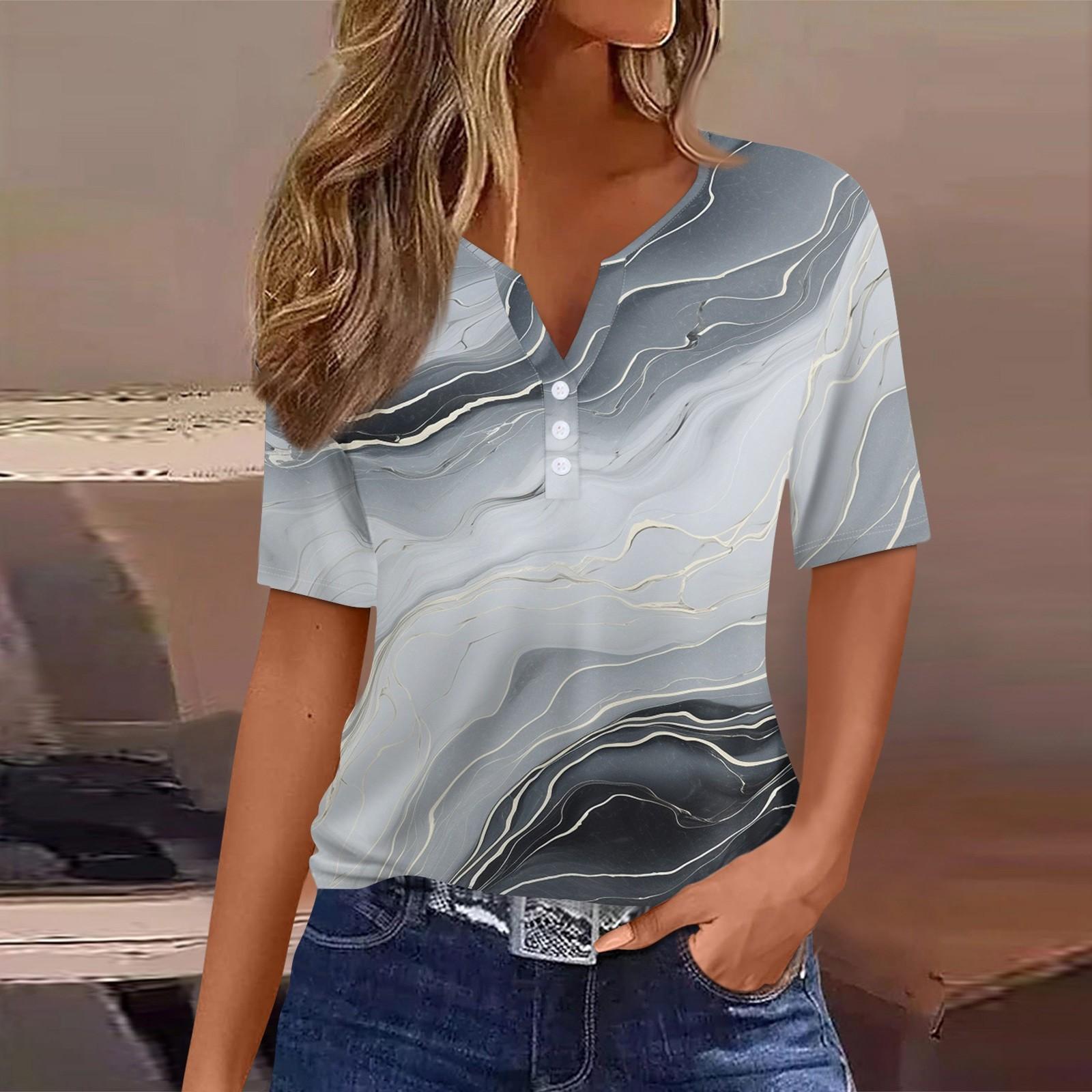 

Женская футболка с принтом на пуговицах, короткий рукав, туника, повседневная мода на выходные, базовый топ с V-образным вырезом XXL