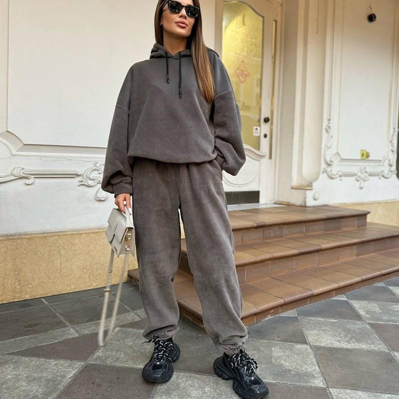 Womens Fleece Hooded Sweatshirt Elastic Waist Pants Set Solid Color Loose Streetwear Two Piece Outfit