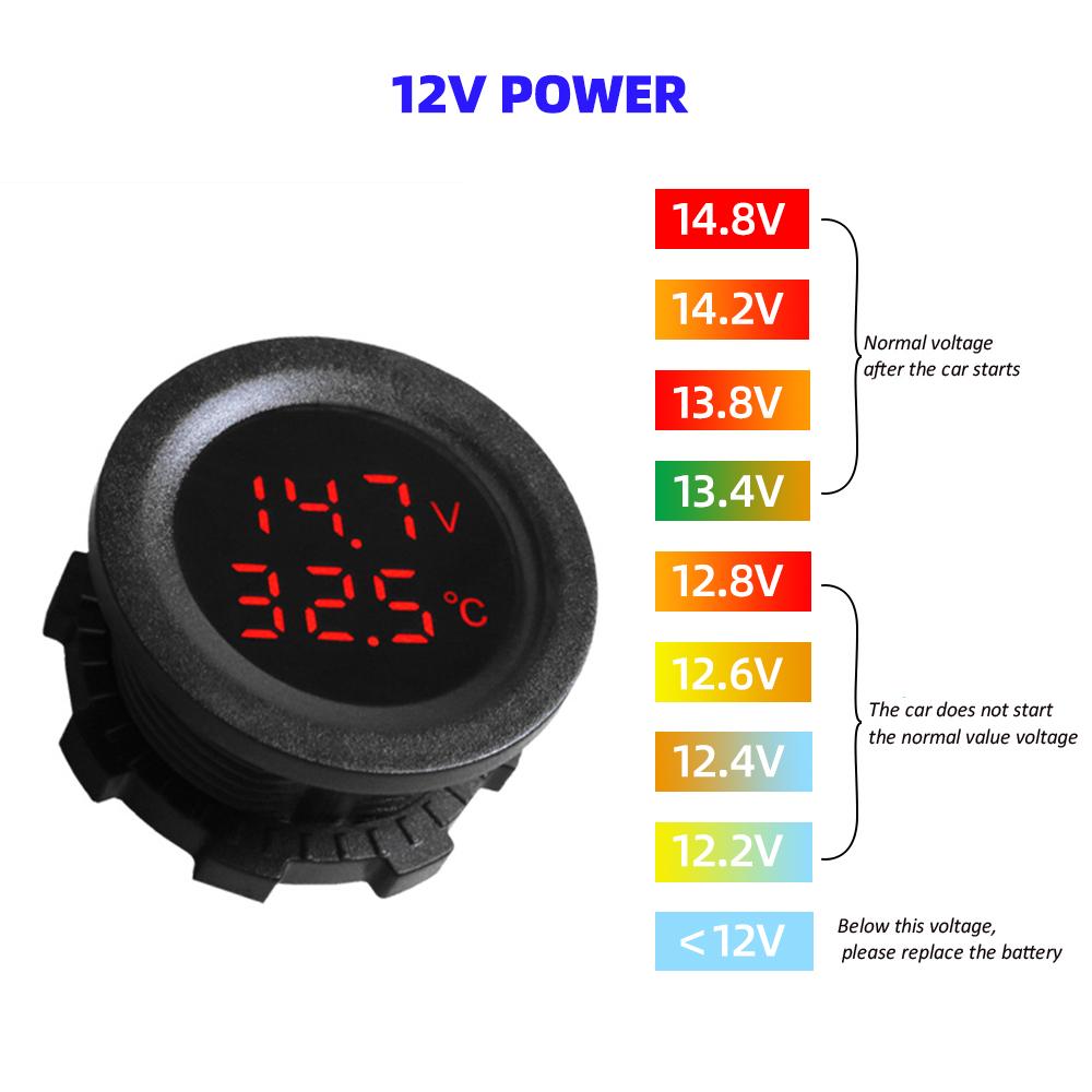 Kebidumei Car Round Temperature Voltmeter 12-24V Auto Voltage Meter Display Digital Measurement Car Motorcycle Boat Thermometer