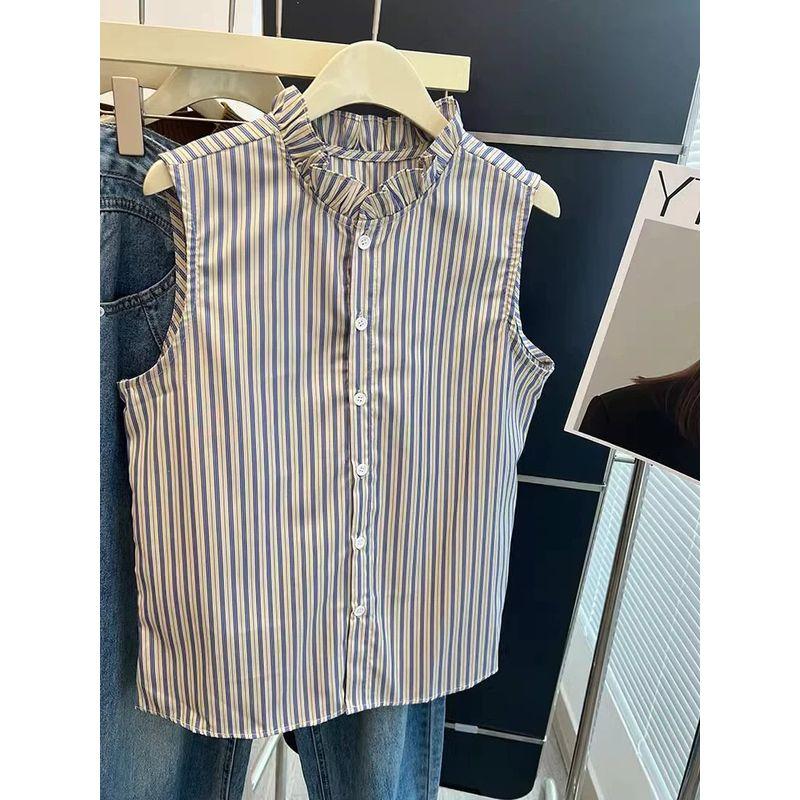 

Женская рубашка без рукавов в полоску в гонконгском стиле, ретро, с оборками, бахромой, кружевом, воротником-стойкой, рубашка-жилет, базовая рубашка, топы-бандажное платье Stripes S